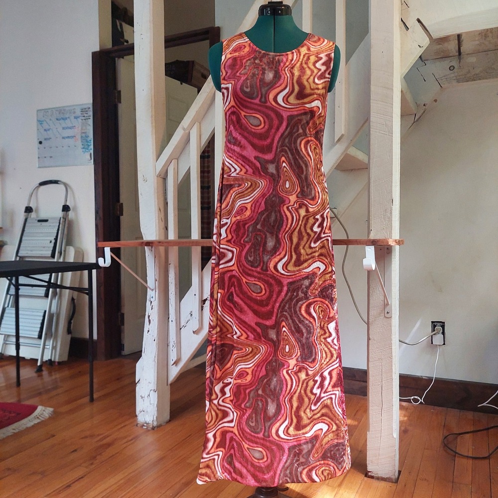 Joule Vintage 90s Psychedelic Swirl Velvet Maxi Dress Orange Pink Brown Large